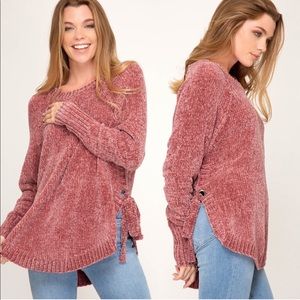 Side tie detailed chenille sweater